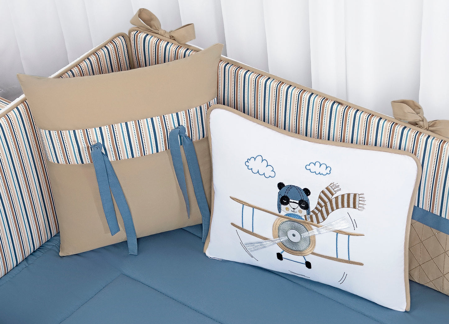Baby Nestchen Set «Aviator» 140x70 cm Blau/Beige | 10-teilig