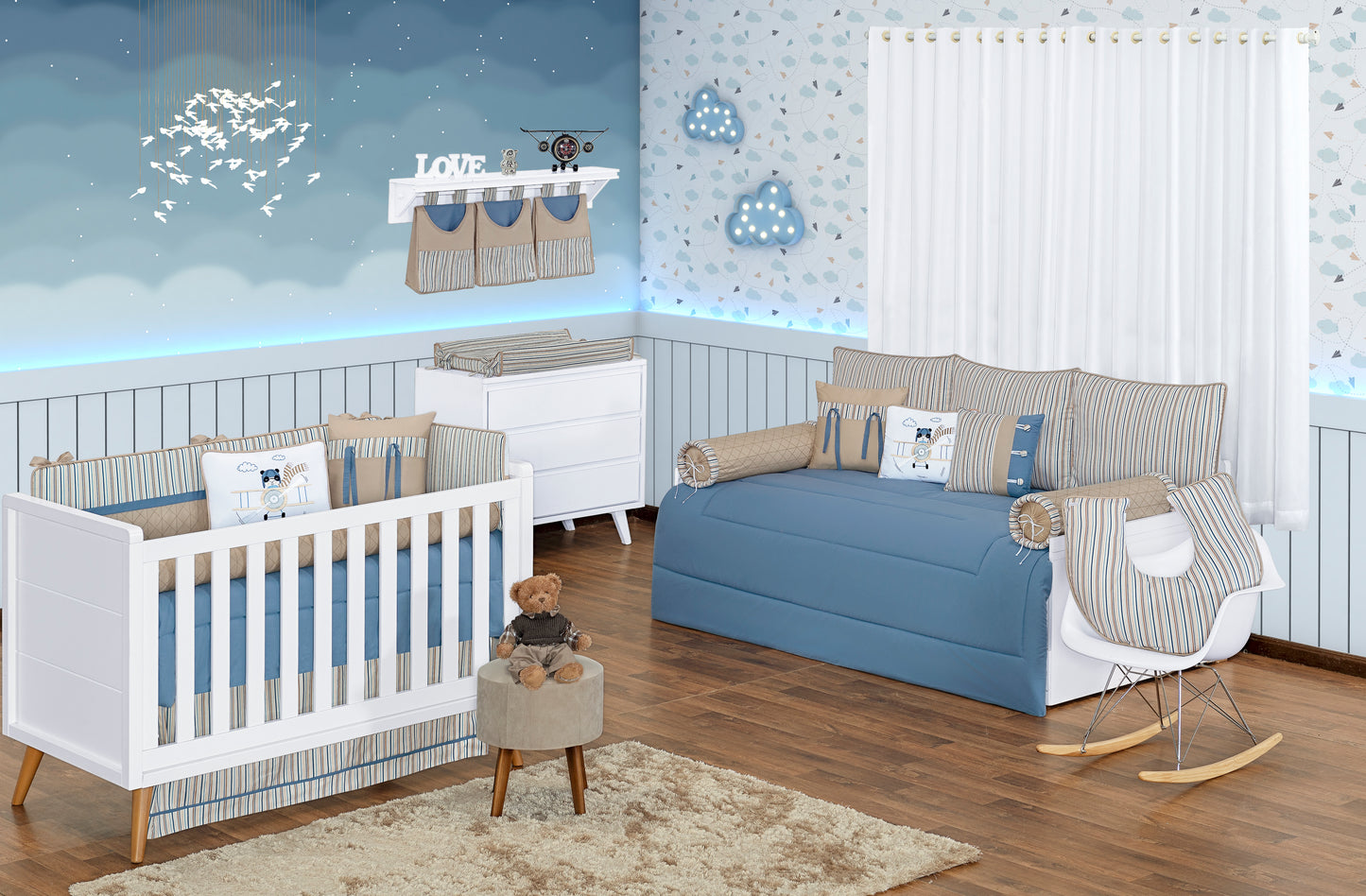 Baby Nestchen Set «Aviator» 140x70 cm Blau/Beige | 10-teilig