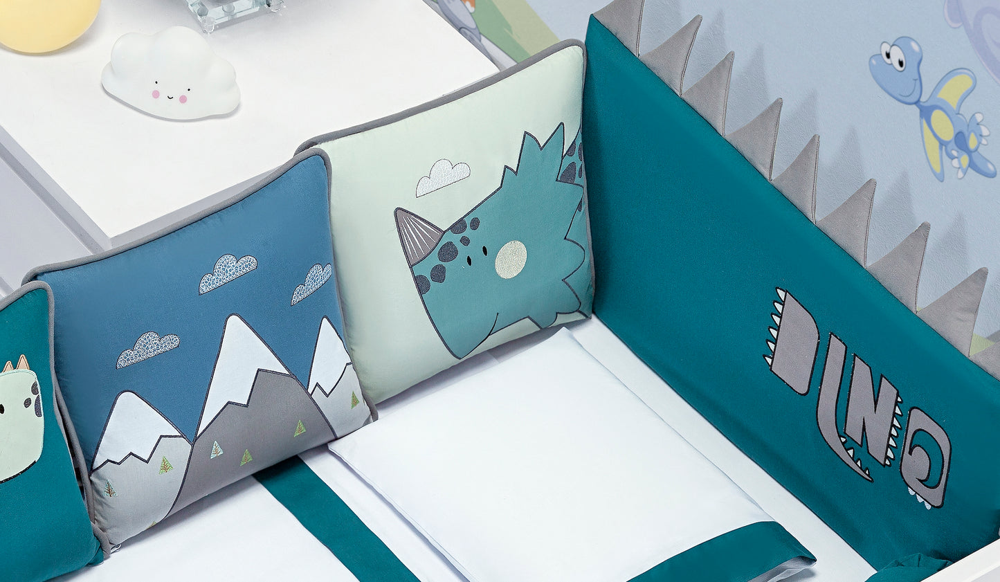 Baby Nestchen Set «Dino» 140×70 cm Blau/Weiss | 9-teilig