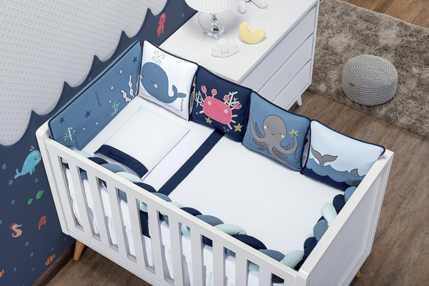 Baby Nestchen Set «Aqua» 140×70 cm Blau/Weiss | 9-teilig