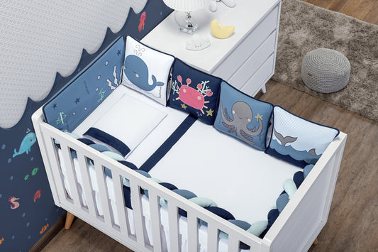 Baby Nestchen Set «Aqua» 140×70 cm Blau/Weiss | 9-teilig