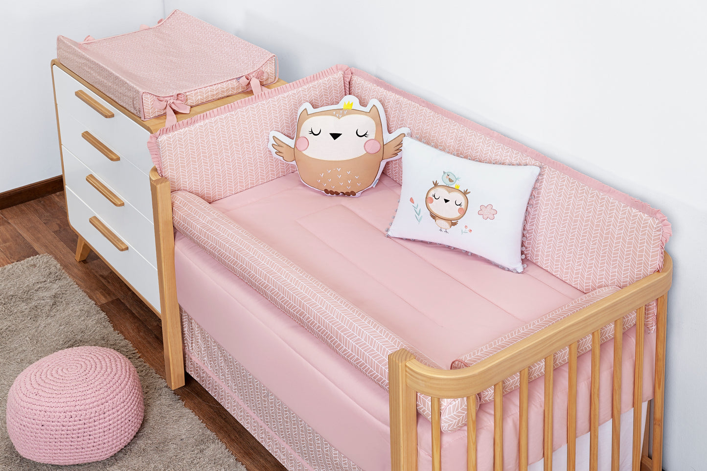 Baby Nestchen Set «Little Owl» 140x70 cm Rosa | 10-teilig