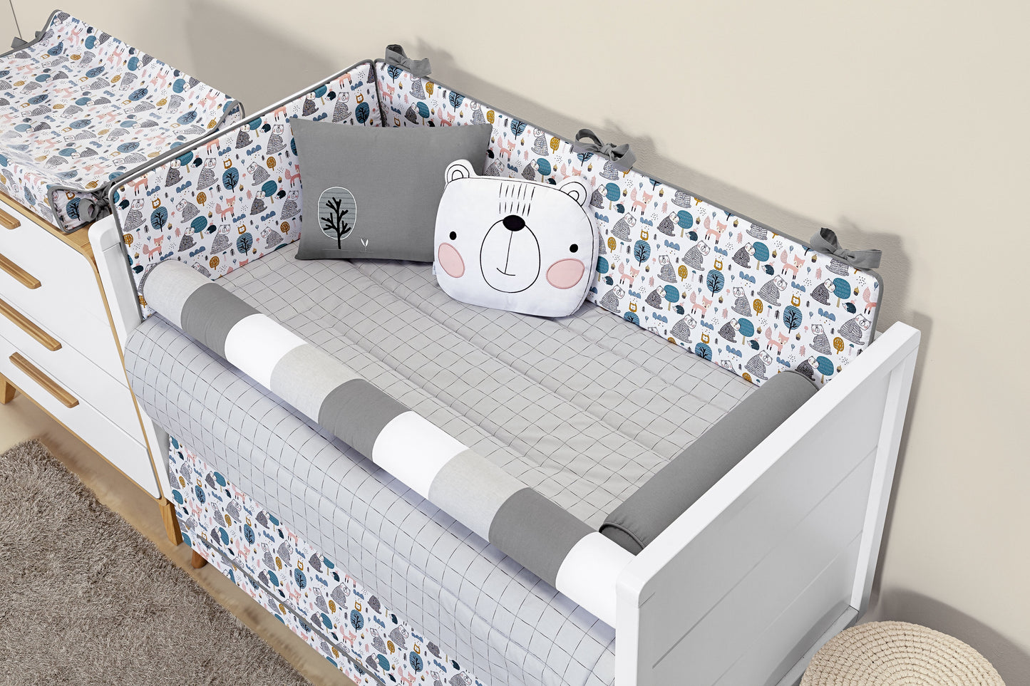 Baby Nestchen Set «Bear Forest» 140x70 cm Grau/Weiss | 10-teilig