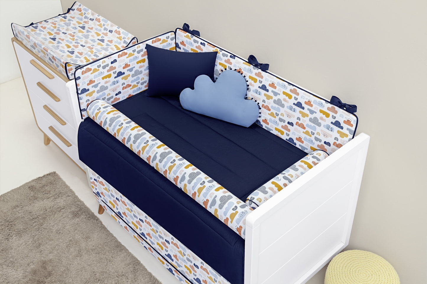 Baby Nestchen Set «Wolken» 140x70 cm Blau/Weiss | 10-teilig