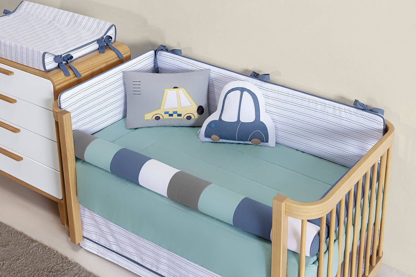 Baby Nestchen Set «Little Car» 140x70 cm Blau/Grau | 10-teilig
