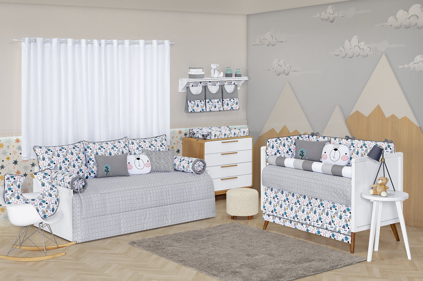 Baby Nestchen Set «Bear Forest» 140x70 cm Grau/Weiss | 10-teilig