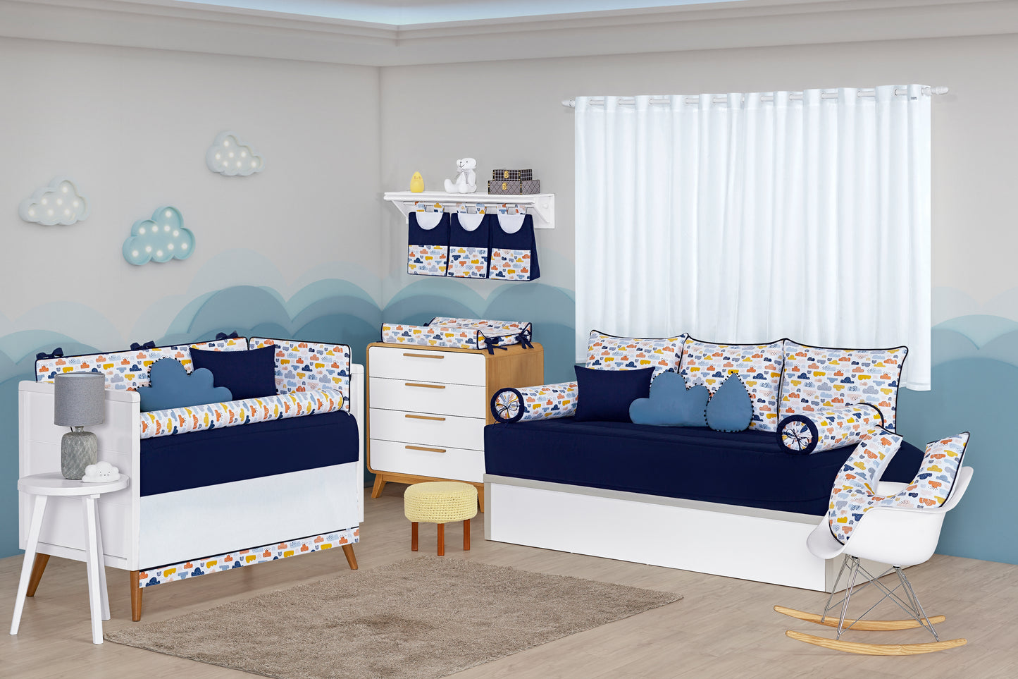 Baby Nestchen Set «Wolken» 140x70 cm Blau/Weiss | 10-teilig
